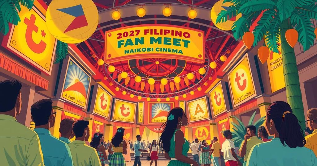 A vibrant Nairobi Cinema with a festive atmosphere, set for a fan meet featuring Filipino television stars.