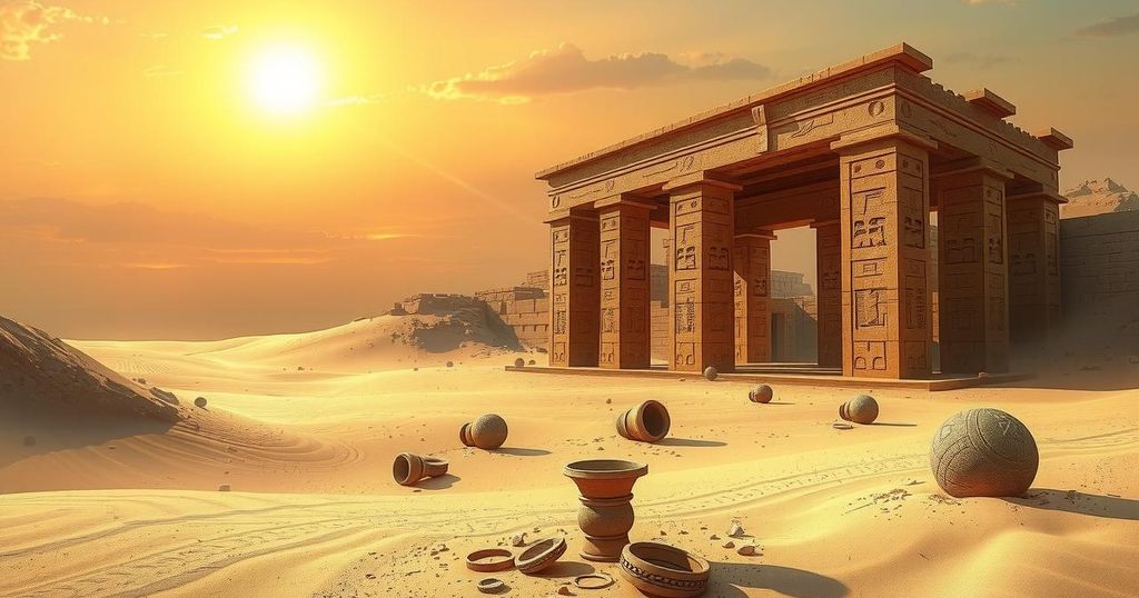 Desert landscape featuring ancient Egyptian ruins and artifacts in warm gold and sandy tones, showcasing archaeology.