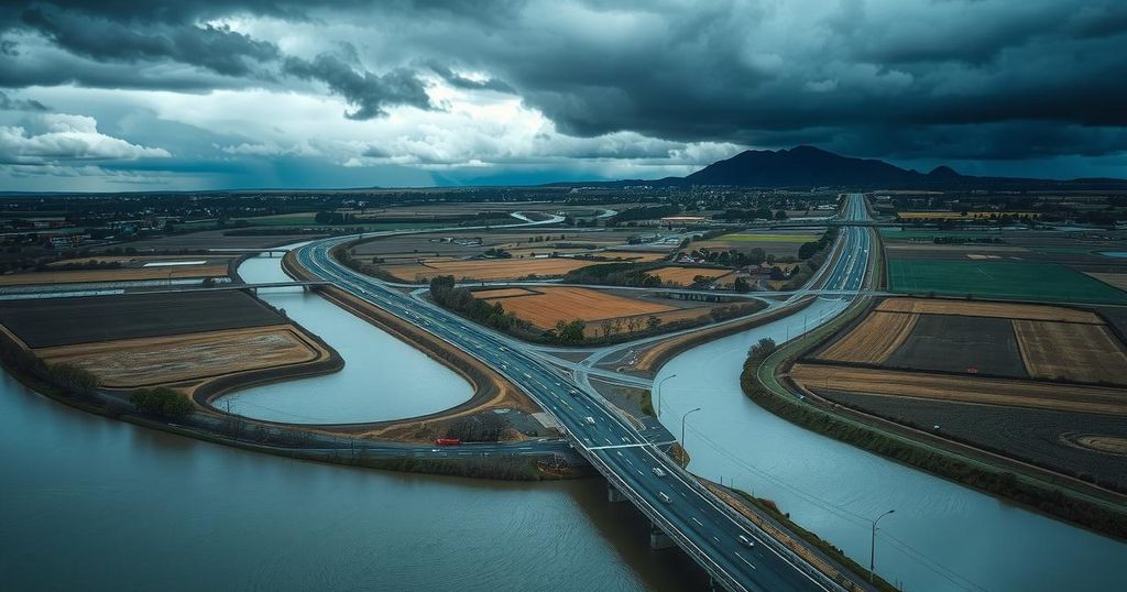 Flooded Argentine countryside with submerged highways and agricultural lands under heavy rainfall skies.