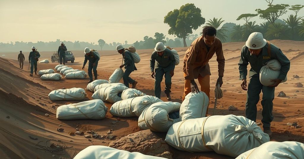 A somber mass burial scene in a Congolese landscape, captured in muted earth tones, reflecting humanitarian efforts.