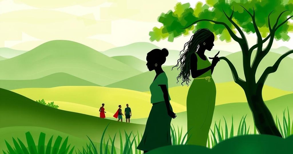 A serene landscape depicting a couple's discussion in a supportive setting, emphasizing cooperation and health in Malawi.