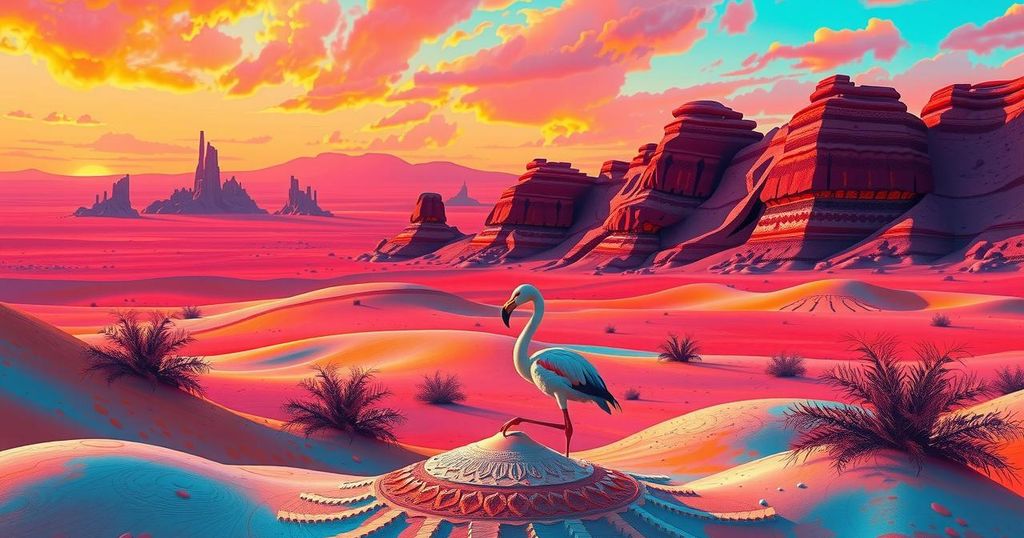 Colorful desert landscape with a flamingo silhouette, capturing the essence of Chilean drama and storytelling.