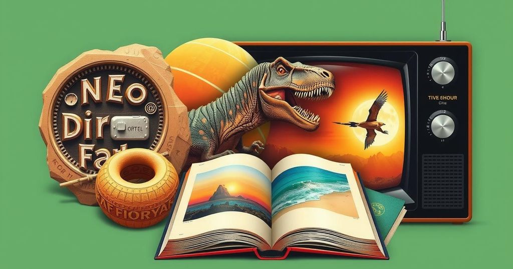 Colorful depiction of various popular TV show themes with iconic symbols like dinosaurs, books, and a beach.
