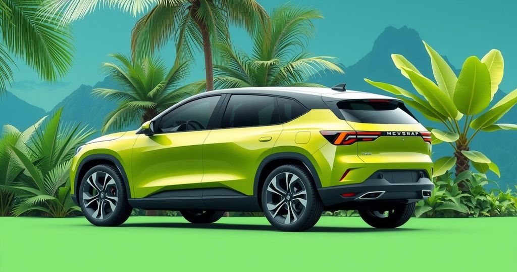 A modern electric SUV parked in the lush greenery of Guatemala, showcasing innovative design and eco-friendliness.