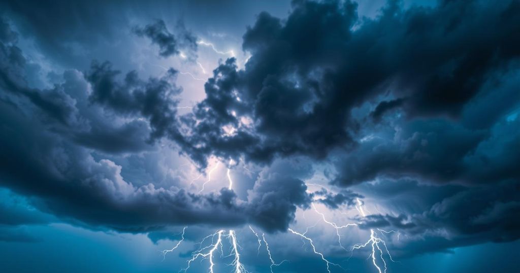 Thunderstorm clouds building dramatically over northern landscapes with dark skies and flashes of lightning illuminating the scene