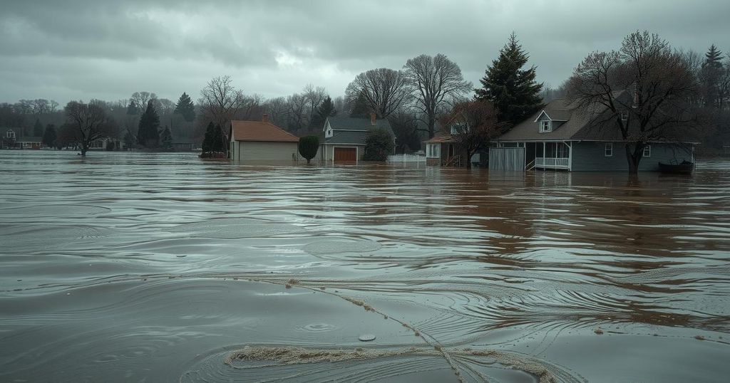 Submerged landscape in a flood, showing homes and trees above brown water, representing climate impact.