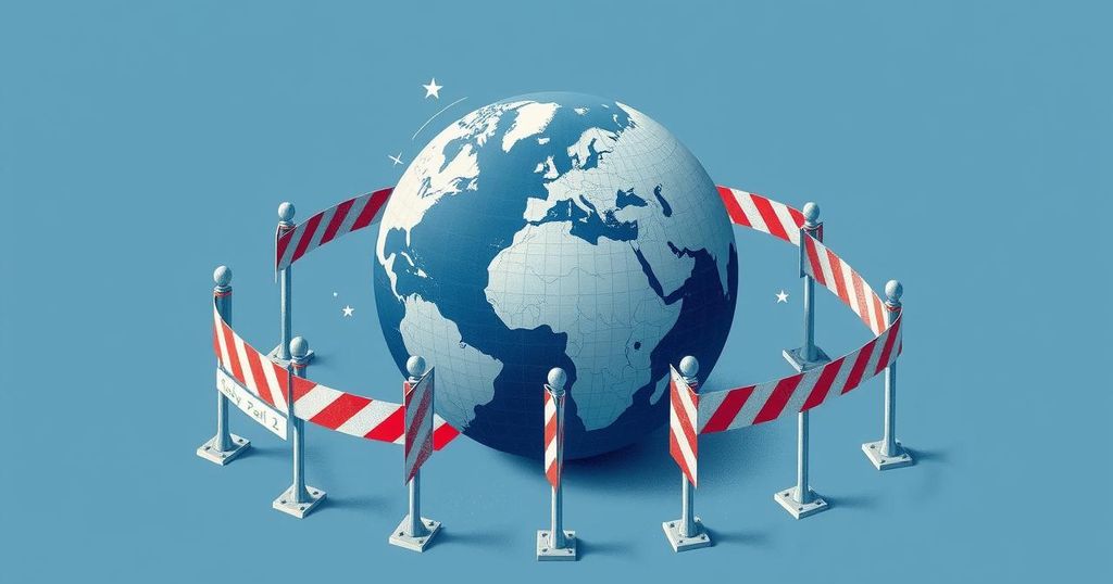 Symbolic representation of trade tensions with a globe, tariffs, and barriers in a modern art style with blue and gray tones.