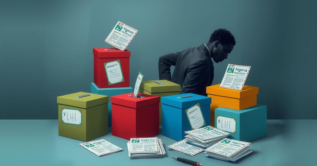 A symbolic representation of democracy in Nigeria, showcasing voting materials, ballot boxes, and abstract elements of oppression.
