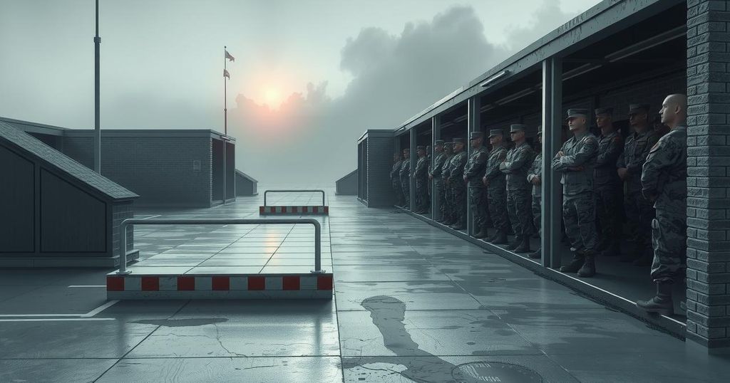 Military base scene with an empty recruitment line, showing a somber atmosphere using muted colors.