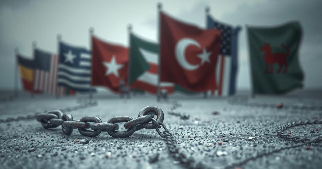 Symbolic representation of immigration challenges with a broken chain and faded national flags.