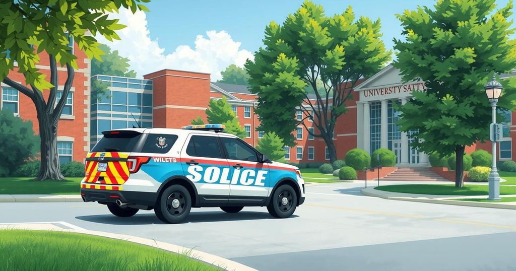 A police vehicle parked outside a university with caution signs, conveying security and safety in an academic setting.