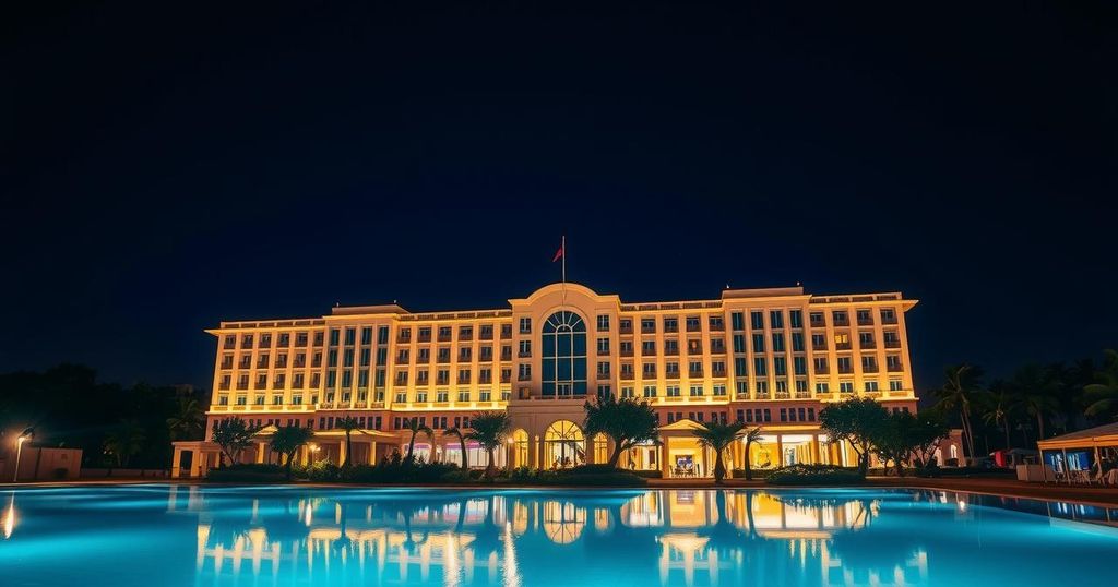 Serena Hotel in Dar es Salaam, Tanzania, with a dimly lit exterior and a sense of tension.