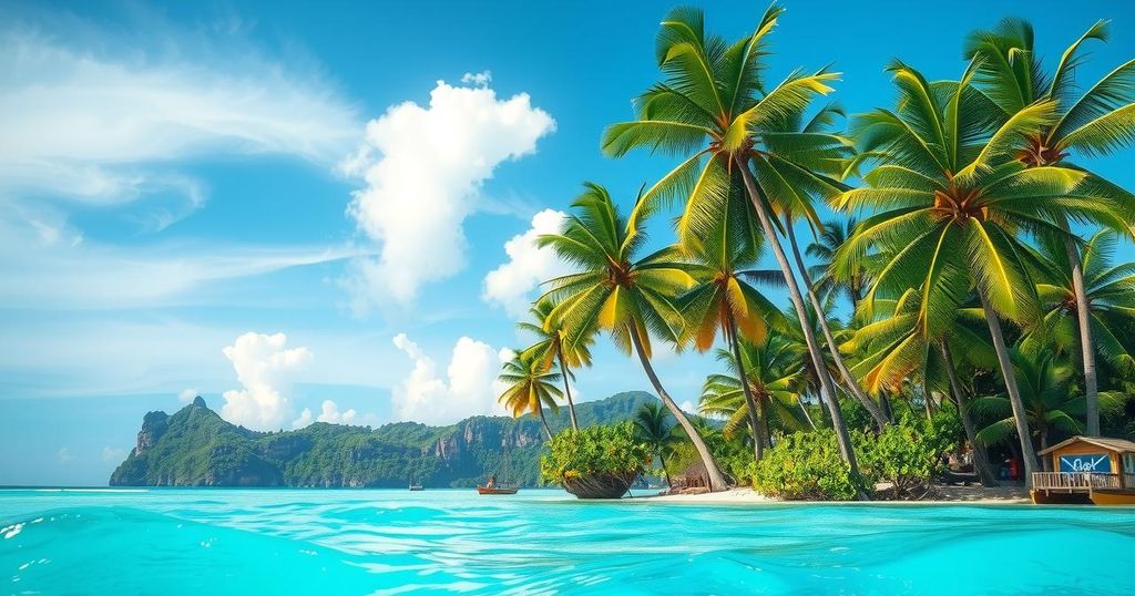 A scenic view of a tropical island with lush greenery and blue sky, symbolizing travel caution.