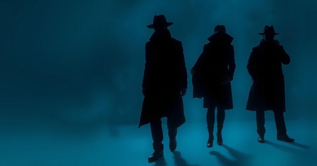 Three silhouettes representing espionage, with a dark, moody atmosphere in shades of blue and gray, minimalistic style.