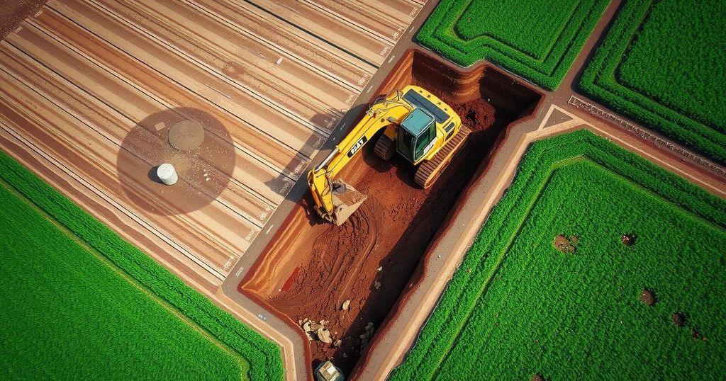 Excavator digging a trench on a poultry farm in Brazil during a health safety measure.