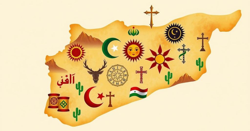 Map of Syria with highlighted borders and symbols representing diverse cultures, set in warm earthy tones.
