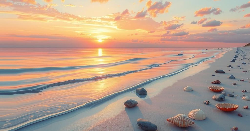 Colorful representation of a peaceful sunset on a serene beach, symbolizing new beginnings and hope.