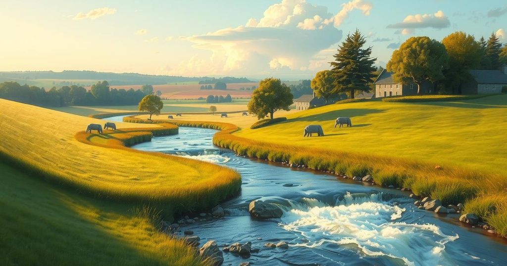 A serene landscape showing a vibrant countryside with lush greenery and a peaceful river flowing through.