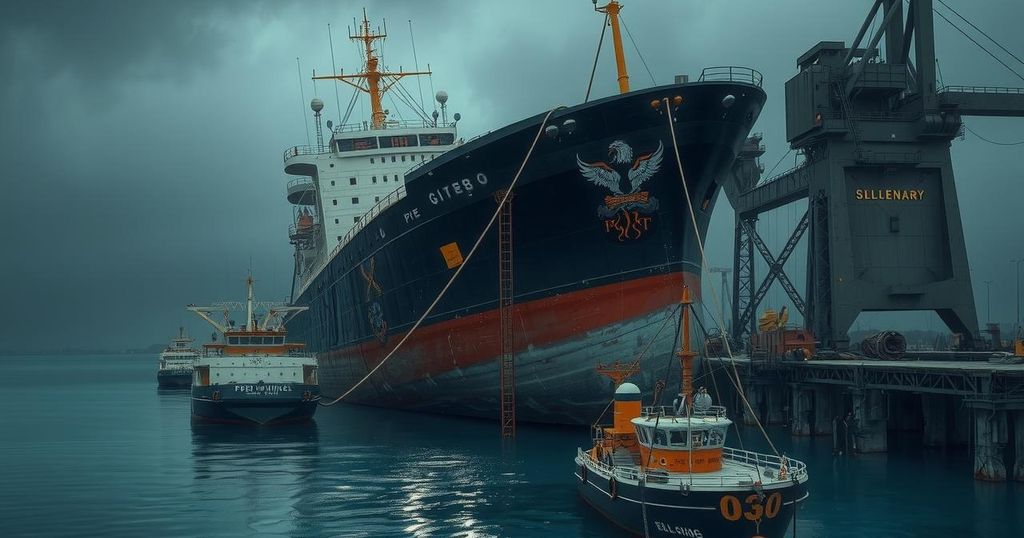 A dramatic scene of a ship launch disaster at a North Korean shipyard with a gloomy atmosphere and industrial colors.