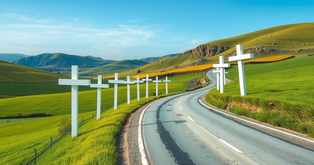 Aerial view of white crosses along a rural road symbolizing memorials, under blue sky and green landscape in South Africa.