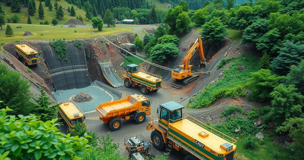 Landscape of a rare-earth mining site with machinery amidst lush greenery, reflecting environmental sustainability efforts.