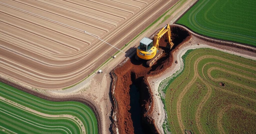 Aerial view of a commercial farm trench used for burying poultry in a landscape, depicting agricultural measures.