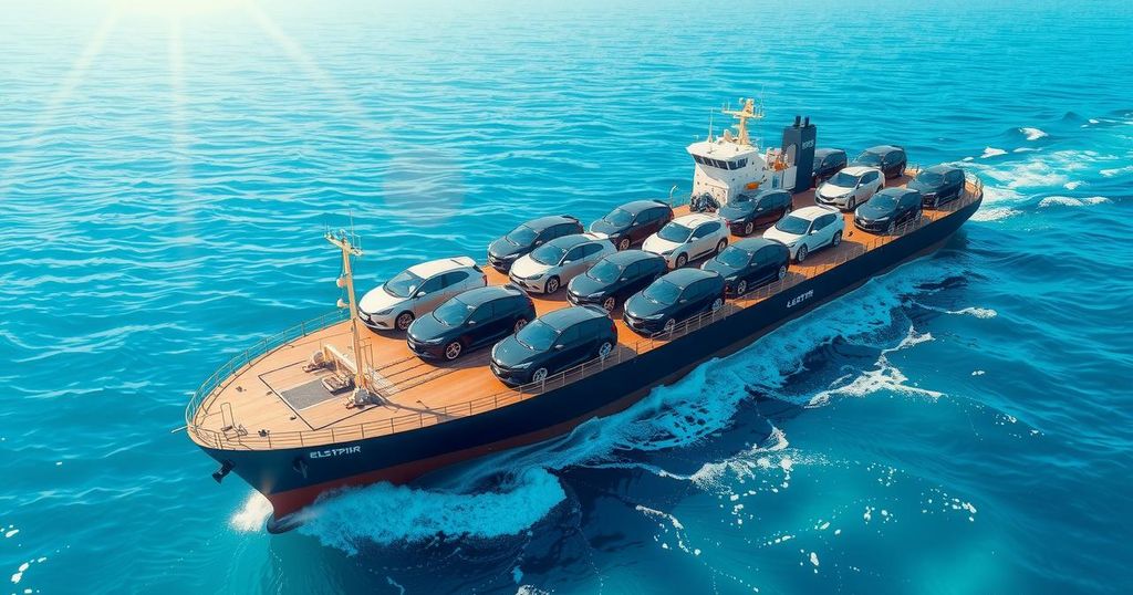 Car carrier transporting electric vehicles from China to Brazil with vivid blue ocean and sunny sky background.