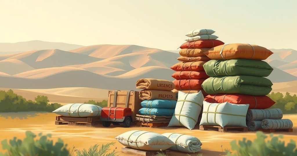 A serene landscape depicting humanitarian aid, showcasing supplies and resources in an ethereal style.