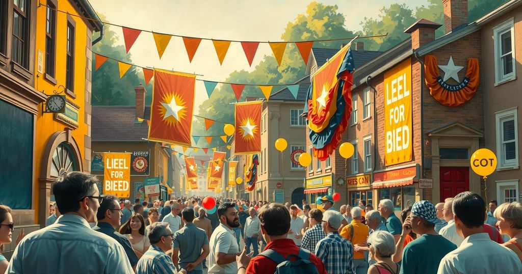 A vibrant scene of a lively town square during election season, filled with colorful decorations and supporters.