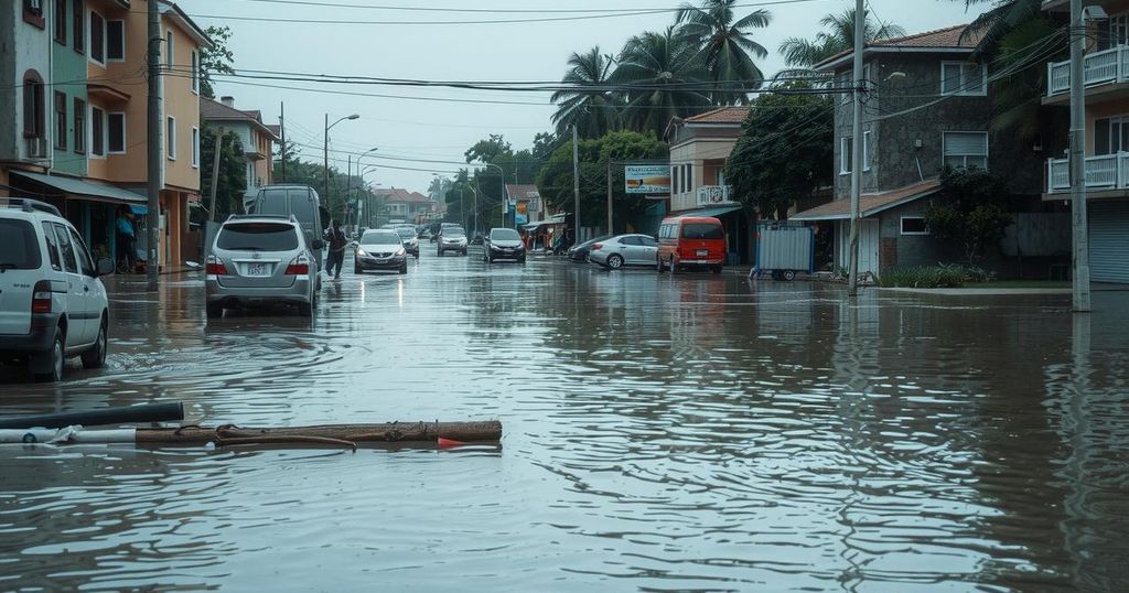 Flooded urban landscape in Accra, with rising water and debris, emphasizing environmental impact.