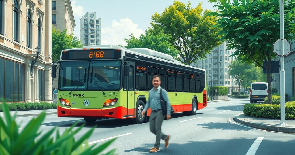 A vibrant electric bus showcasing eco-friendly transportation in an urban environment, symbolizing sustainability.