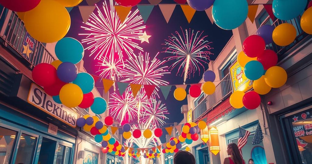 Colorful celebration in Syria with balloons, fireworks, and festive decorations symbolizing hope and joy after sanctions lift.