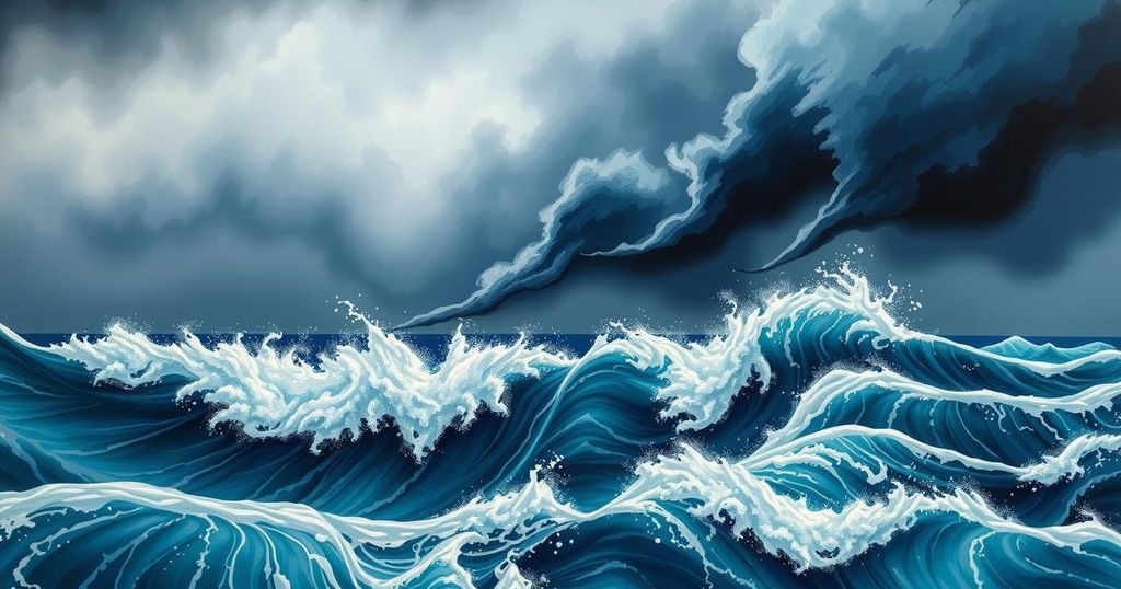 Above average Atlantic hurricane season forecast with storm clouds and ocean waves, in vibrant blues and grays.