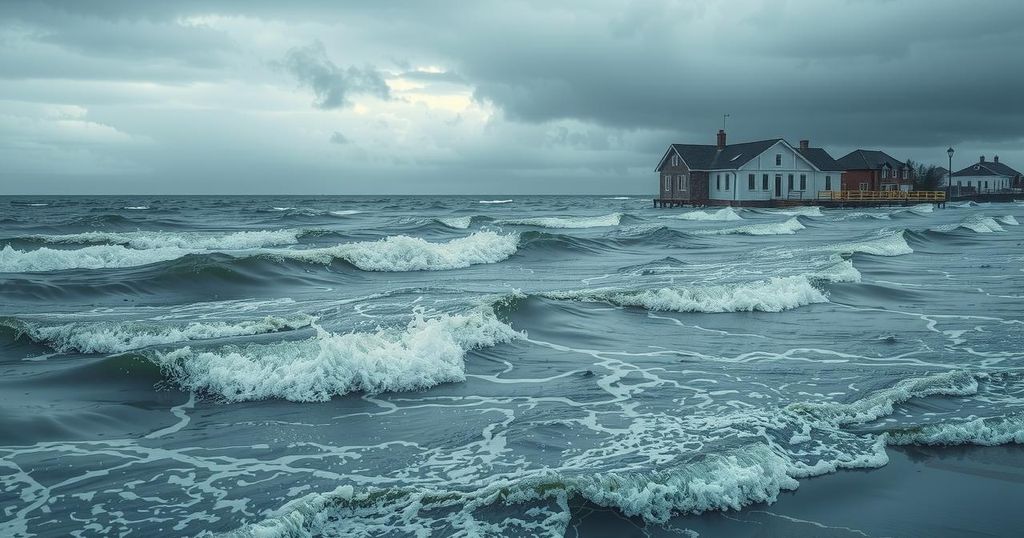 A coastline affected by floods, highlighting the impact of natural disasters, with cloudy skies and turbulent waters.