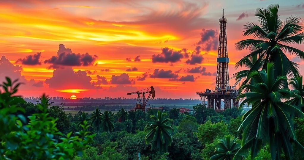 A serene Suriname landscape featuring lush forests and an oil drilling platform under a vibrant sunset sky.