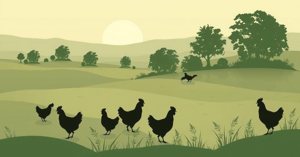 Muted palette of farm scenery with subtle hints of poultry silhouettes, representing Brazil's chicken export situation.