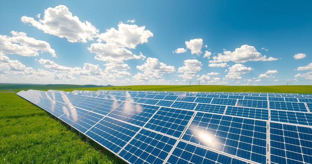 Ground-mounted solar panels in Ghana, featuring vibrant colors and emphasizing sustainable energy solutions.