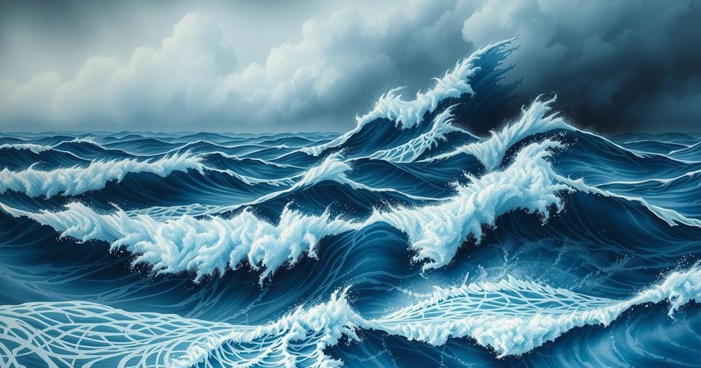 A turbulent sea scene with strong winds and high waves under a cloudy sky in a coastal setting.