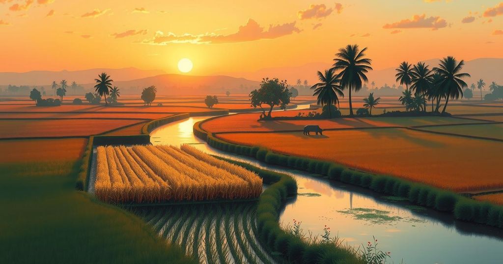 A quiet rural landscape in Nigeria, with a sunset, symbolizing peace and resilience amid challenges.