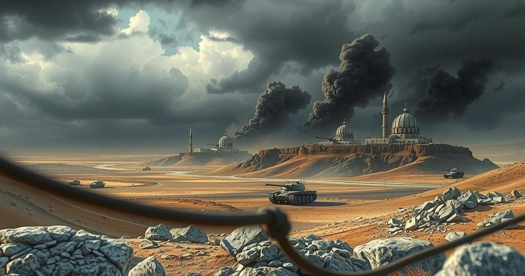 A barren Syrian landscape depicting tension, with military bases set against stormy skies and harsh terrain.