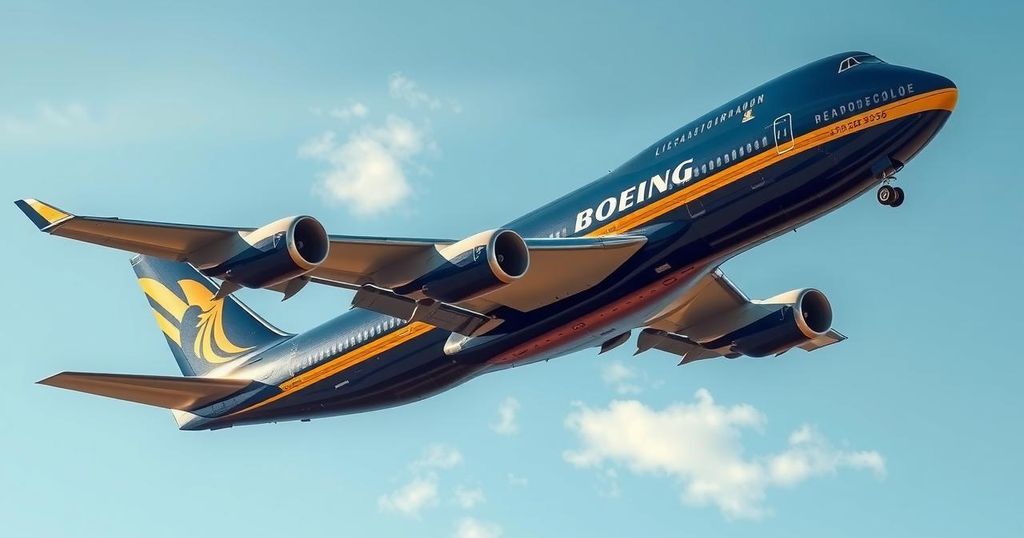 A vintage Boeing 747-8 jet against a blue sky, symbolizing luxury and political intrigue.