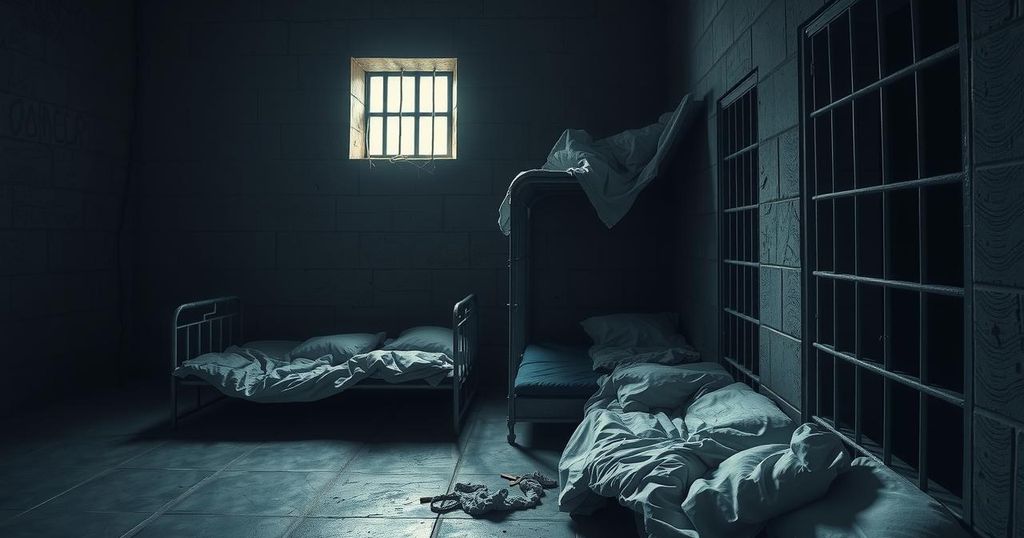 Overcrowded and grim prison cell with barred windows and dirty walls, showcasing a bleak atmosphere of confinement.