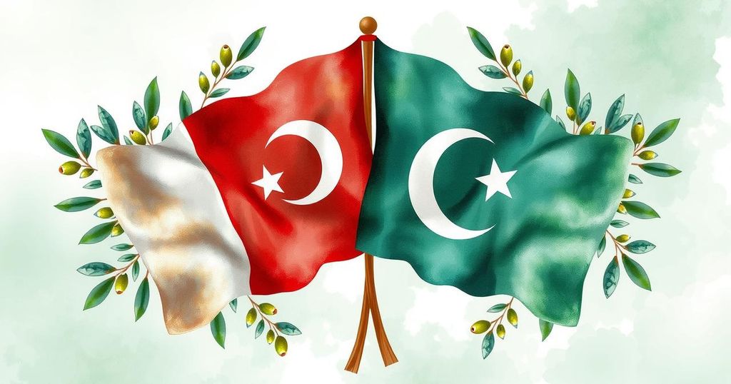 Turkish and Pakistani flags intertwined with olive branches in a peaceful setting.
