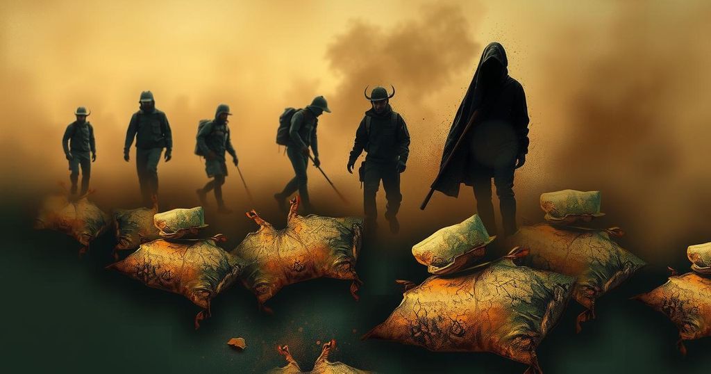 Abstract representation of conflict with earth tones, featuring muted colors, and shadowy silhouettes of body bags.
