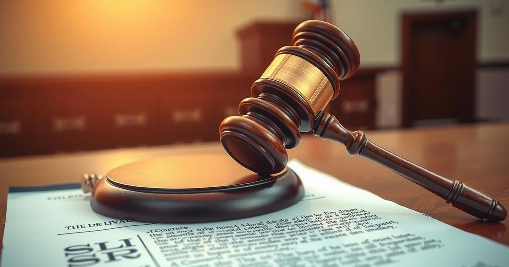 A gavel resting on a legal document with an out-of-focus background of a courtroom, symbolizing legal authority.