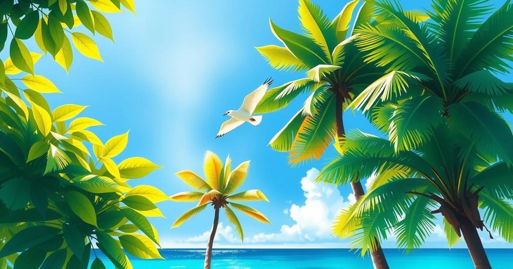 A serene Hawaiian landscape featuring lush greenery and white terns flying amidst planted trees.