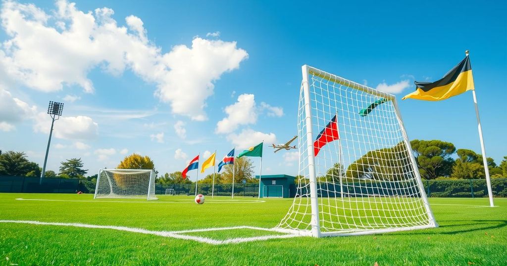 A vibrant soccer field with flags, lights, and goalposts, set against a colorful skyline.