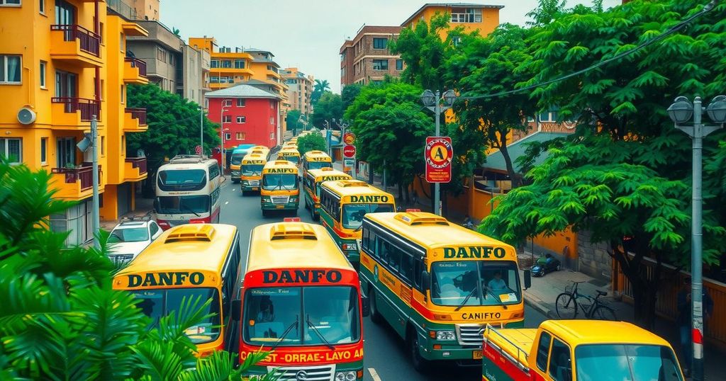 A vibrant scene of Lagos, depicting danfo buses, colorful buildings, and lush greenery with an impressionistic style.