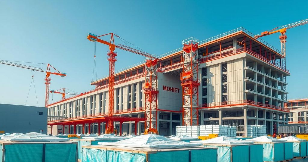Electric vehicle factory with construction site, exposed equipment, and a clear blue sky.