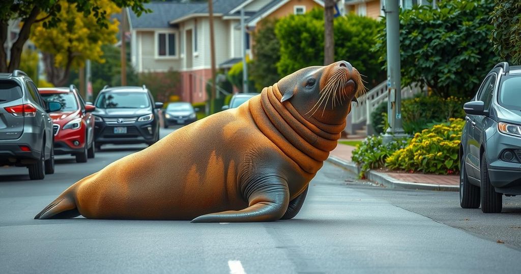 A large elephant seal resting on a street surrounded by vehicles and greenery in a South African suburb.